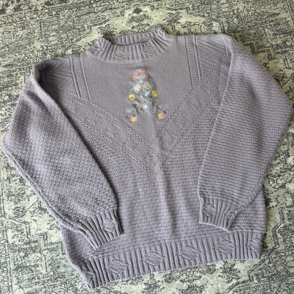 Vintage Liz Thomas Floral Embroidered Knit Mock Sweater Size Medium Cottagecore